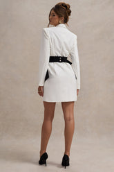 White Tailored Blazer Dress With Black Bow